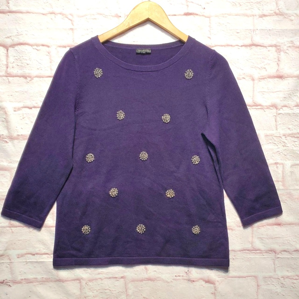 Talbots Sweater‎ Womens Medium Purple Embellished Rhinestone Cotton Silk Holiday
